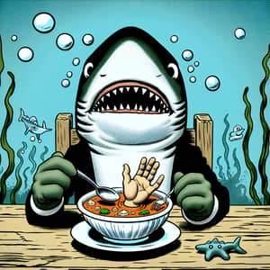 Humorous Shark Eating Soup Undersea | Cartoon-style Image