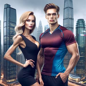 Elegant Woman & Athletic Man in Cityscape | Fashion Icon & Ball Player