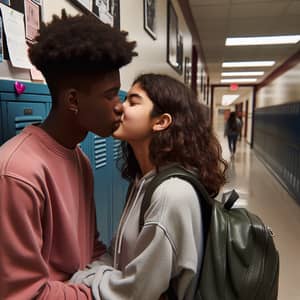 Secret High School Kiss by Multicultural Teen Couple