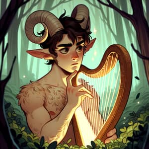 Musical Satyr with Luminescent Harp in a Small Forest