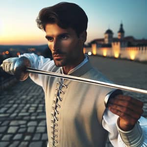 Caucasian Swordsman in Traditional Attire Practicing Fencing at Sundown