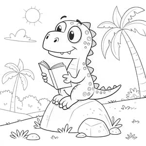 Coloring Page of a Reading Dinosaur