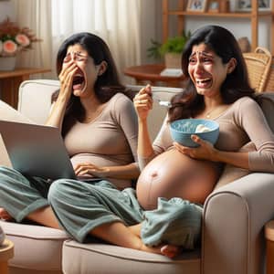 South Asian Pregnant Woman Experiences Emotion Swings in Living Room