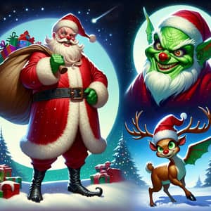 Iconic Festive Figures: Jolly Man, Impish Creature and Glowing Reindeer