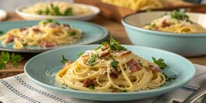 Delicious Carbonara Pasta on Light Blue Background