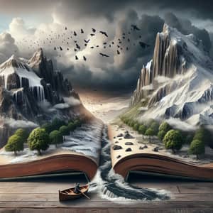 Surreal Adventure: Open Book Landscape with Miniature Boat Journey