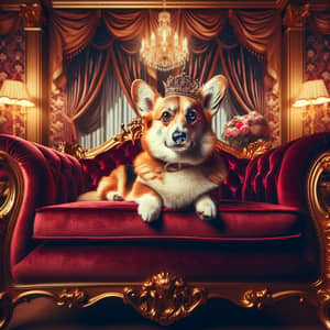 Luxurious Corgi Lounging on Opulent Velvet Couch