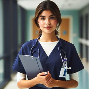 Professional Hispanic Female Nurse in Scrubs Holding Clipboard