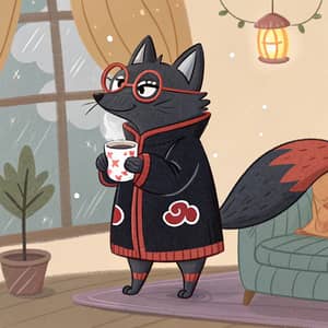 Black Fox in Akatsuki Costume with Coffee Cup