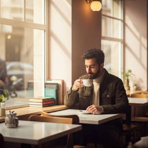 Serene Cafe Scene with Hispanic Man Enjoying Coffee