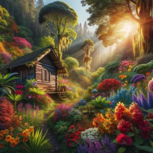 Serene Nature Landscape with Rustic Hut and Abundant Flora