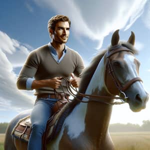 Confident Entrepreneur Lookalike on Horseback | Sunny Field Scene