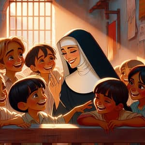 Joyful Scene with a Franciscan Nun and Hispanic Kids