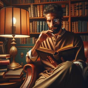 Tranquil Home Library: Middle-Eastern Man Reading History Book