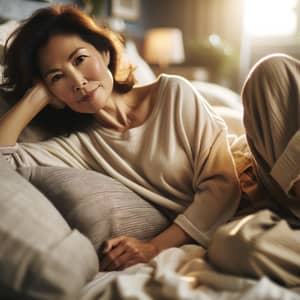 Middle-Aged Asian Woman Restfully Laying on Bed | Modern Street Photography Aesthetic