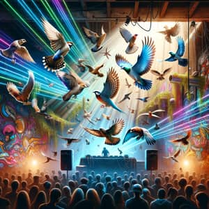 Surreal Techno Club: Birds Soaring Amid Neon Lights