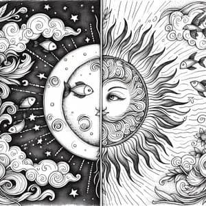 Magical Half-Moon and Half-Sun Drawing