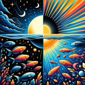 Colorful Dual Illustration: Moon, Fish & Sun, Birds