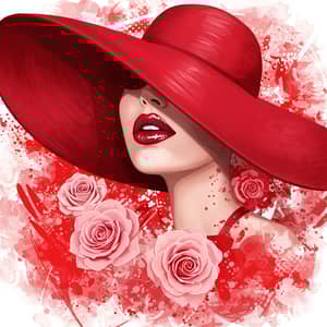 Abstract Art: Red Lips, Rose & Woman in Red Hat