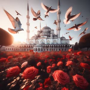 Ottoman White Mosque with Red Roses and Soaring Birds | Tranquility and Spirituality