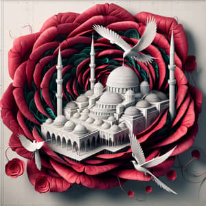 Ottoman White Mosque in Red Rose | Graceful Birds in Flight