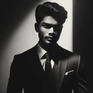 Vintage Film Noir Portrait of a Confident South Asian Young Man in Tailored Suit