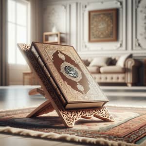 Beautifully Decorated Quran on Wooden Stand | Serenity & Reverence