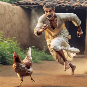 Determined South Asian Man Chasing Hen in Traditional Attire