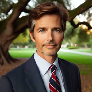 Middle-Aged Caucasian Man in Navy Blue Suit Standing Under Oak Tree