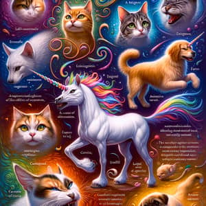 Majestic Feline Unicorn and Enchanting Canine Companion in Mythical Landscape