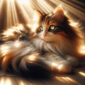 Gorgeous Fluffy Calico Cat Basking in Morning Sunlight