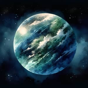 Watercolor Depiction of a Lonely Planet in Space