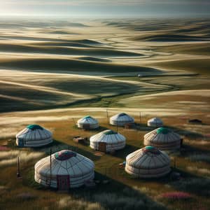 Serene Steppe Landscape with Traditional Yurts and Wildflowers