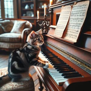 Spotted Tabby Cat Playing Piano - Musical Cat in Cozy Room