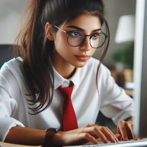 Mia Khalifa: Professional Female Office Worker with Glasses Typing at Desk