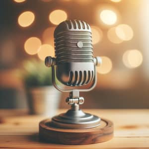 Vintage Silver Microphone on Wooden Desk