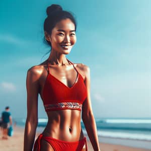 Stunning Asian Woman in Red Bikini at the Beach