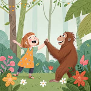 Whimsical Jungle Adventure: Girl and Orangutan