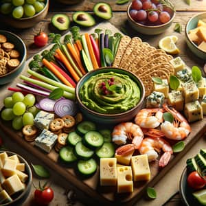 Appetising Starter Spread with Colorful Crudites, Cheese Cubes, and Cocktail Shrimp