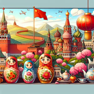 Russian and Chinese Cultural Screensaver - Matryoshka Dolls, Kremlin, Great Wall, Lantern, Tea Set, Cherry Blossoms