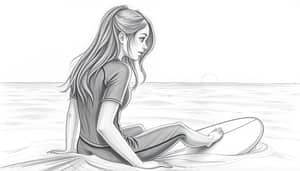 Pencil Drawing of a Surfing Girl at Sunset