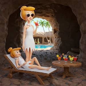 Funny Cartoon of a Tall Girl in a Cave Bar