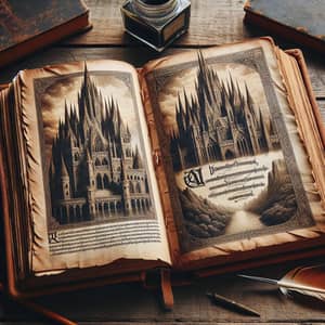 Vintage Open Hardcover Book with Medieval Castle Illustration