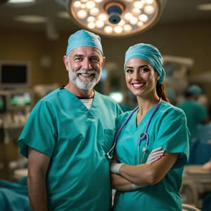 Joyful Surgeons and Nurses in Teal Scrubs