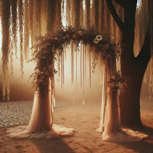 Warm Orange-Peach Wedding Arch Design Under Willow Tree