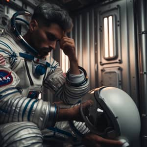 Sad Hispanic Astronaut Putting on Space Suit - Emotional Scene