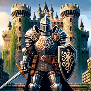 Pixelated Warrior Knight in Ancient Stone Castle