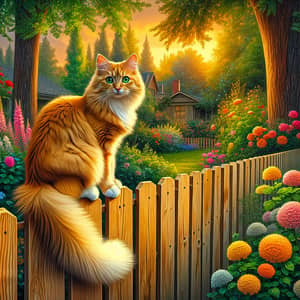 Domestic Orange Tabby Cat on Wooden Fence in Lush Garden