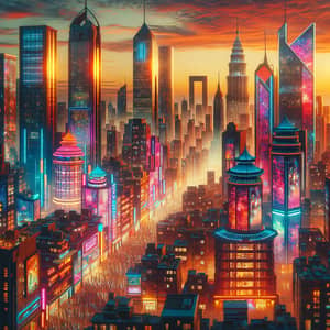 Futuristic Cityscape at Sunset: Neon Skyscrapers & Diverse Crowd