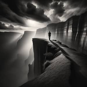 Solitary Figure Walking towards Cliff - Black and White Landscape